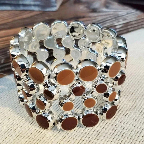 Retro Mid Century Modern Style Wide Acrylic Stretch Bracelet Brown Silver - Picture 7 of 8